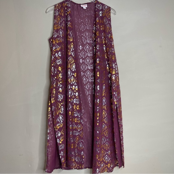 LulaRoe Joy Maroon Metallic Print Vest Long Cardigan - Picture 3 of 5